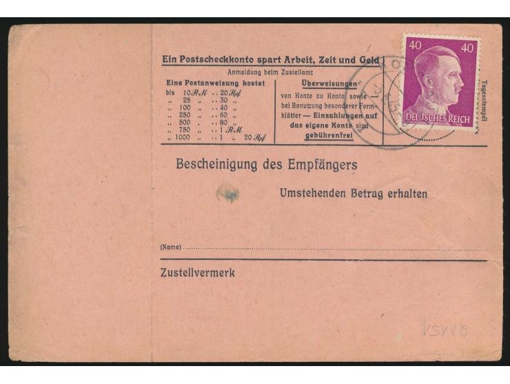 2 x 40 Pf. Hitler (1 x rückseitig) auf  Postanweisung  auf 500 RM mit Stempel  Komotau 1  3.5.45 nach (11b) Kotzerad, seltene