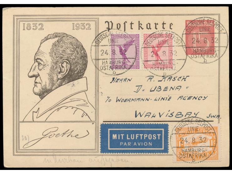 waagerechter Zusammendruck 15 Pf. + 10 Pf. Flugpost zusammen mit Südafrika-Flugpostmarke 1 Sh. als Zusatzfrankatur auf Sonder