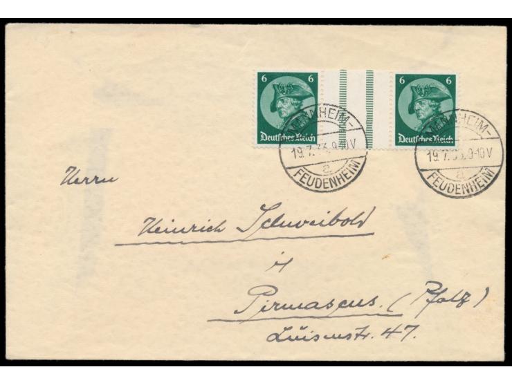 waagerechtes  Zwischenstegpaar 6 Pf. Fridericus  auf Brief mit Stempel Mannheim-Feudenheim 19.7.33 nach Pirmasens, portoricht