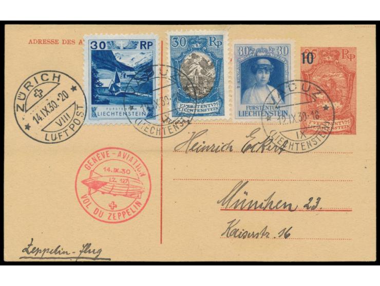 Schweizfahrt LZ 127:  Ganzsache 10 Rp. auf 25 Rp. mit drei verschiedenen Marken zu 30 Rp., Stempel Vaduz 12.9.30, roter Bestä