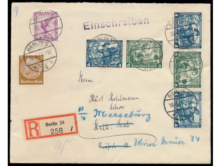 waagerechte  Nothilfe-Zusammendrucke  4 Pf. + 6 Pf. und 4 Pf. + 6 Pf. + 4 Pf. Wagner mit 15 Pf. Flugpost und 3 Pf. Hindenburg