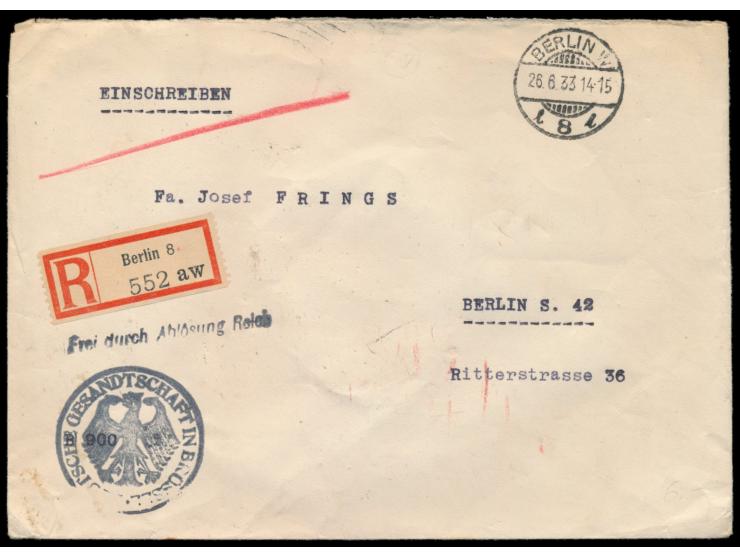 Orts-Dienst-Einschreibbrief "Frei durch Ablösung Reich" mit Stempel  Berlin W 8  26.6.33, Selbstbucher-R-Zettel "aw", vorders