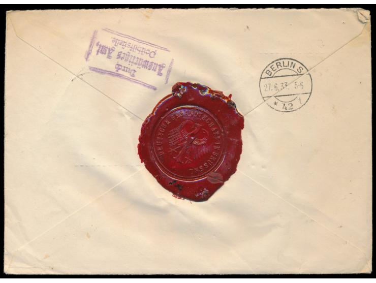 Orts-Dienst-Einschreibbrief "Frei durch Ablösung Reich" mit Stempel  Berlin W 8  26.6.33, Selbstbucher-R-Zettel "aw", vorders