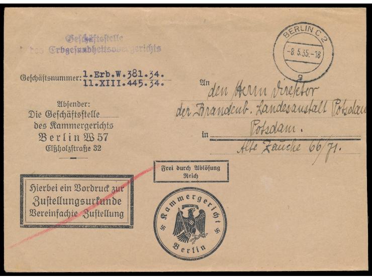 Dienstbrief "Frei durch Ablösung Reich", Kammergericht Berlin, zusätzlich Absenderstempel  "Geschäftsstelle des Erbgesundheit
