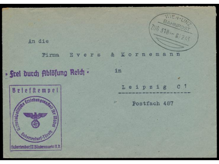 Dienstbrief "Frei durch Ablösung Reich" mit Briefstempel  "Nationalpolitische Erziehungsanstalt für Mädel Hubertendorf-Türnit