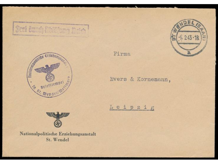 Dienstbrief &quot;Frei durch Ablösung Reich&quot; mit Stempel St. Wendel (Saar) 6.2.43, vorderseitig gedruckter Absender und 
