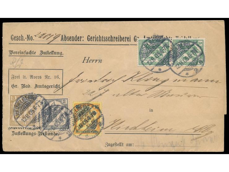 Zähldienstmarken für Baden  2 Pf., 3 Pf. 2 x 5 Pf. und 25 Pf. auf  Zustellurkunde  mit Stempel Heidelberg 2 12.8.05 nach Kirc