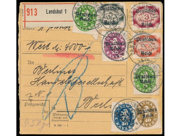 Bayern-Abschiedsausgabe 2 x 5, 20, 30, 40 (kleiner Eckfehler) Pf., 1 1/2, 3 und  5 Mark  auf  Paketkarte  mit Wertangabe 4000