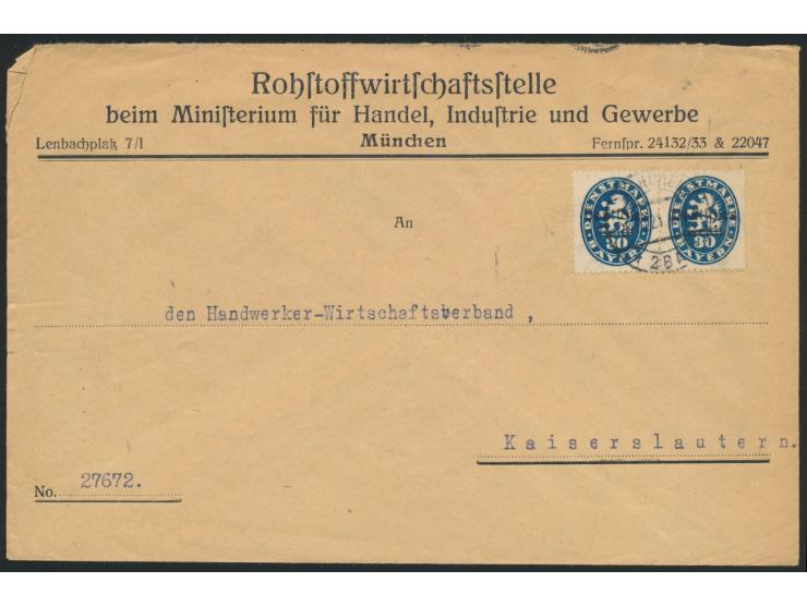 2x 30 Pfg. Abschied Bayern Dienstmarken portorichtig auf Vordruckbrief der  Rohstoffwirtschaftsstelle,  Stempel München  28.1