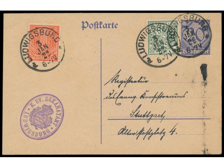 Dienstganzsache 20 Pf. mit &nbsp;Württemberg-Dienstmarke 5 Pf. &nbsp;und Dt. Reich-Dienstmarke 1 M., Stempel Ludwigsburg 3.1.