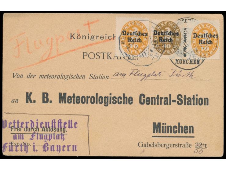 2 x 10 Pf. und 40 Pf. Bayern-Abschiedsausgabe auf seltener  Luftpostkarte  der  Wetterdienststelle am Flugplatz Fürth. i. Bay