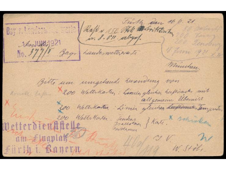 2 x 10 Pf. und 40 Pf. Bayern-Abschiedsausgabe auf seltener  Luftpostkarte  der  Wetterdienststelle am Flugplatz Fürth. i. Bay