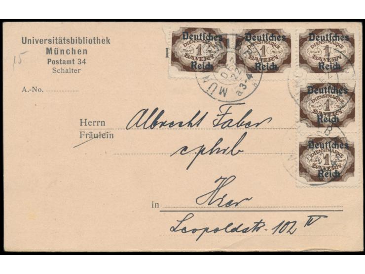 5 x Bayern-Abschiedsausgabe 1 M. auf Ortskarte mit Stempel München 1 B.P. 15.12.22,  Porto-Ersttag,  portorichtig, Bedarf
Pos