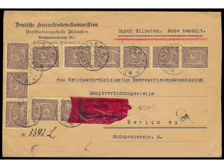 11 x Dienstmarke 5 M. auf Eilboten-Brief 2. Gewicht mit Stempel  München 1 B.P.  16.12.22 nach Berlin, Absendereindruck "Deut