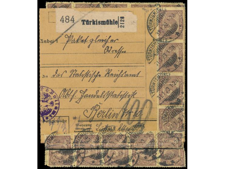 Dienstmarke 5 M. als seltene  Massenfrankatur von 120 Stück  auf  Paketkarte  für ein Paket von 4 1/2 kg Gewicht von Türkismü