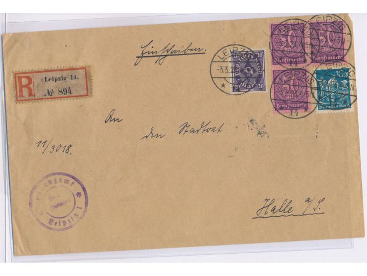 Mischfrankatur 3 x Dienstmarke 50 M. mit 20 M. Posthorn und 10 M. Schnitter auf  Einschreibbrief  3. Gewicht (über 100 g) des