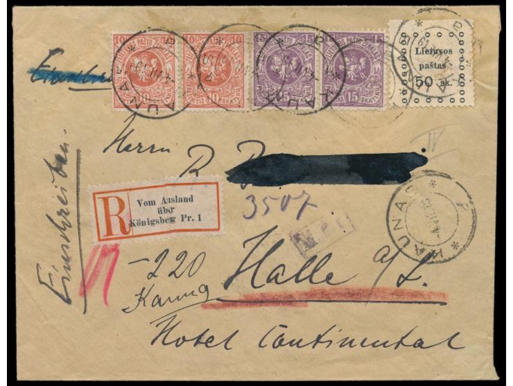 Kaunas-Ausgabe  50 sk mit Wappen 2 x 10 sk und 2 x 15 sk auf Einschreibbrief nach Deutschland, Stempel  Kaunas  4.7.19, hands