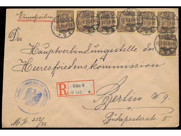 Dienstmarke 5 M. als Massenfrankatur von 36 Stück beidseitig auf Einschreibbrief mit Stempel  Cöln 9  27.3.23 nach Berlin, Di