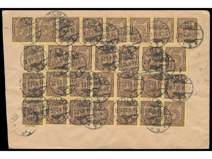 Dienstmarke 5 M. als Massenfrankatur von 36 Stück beidseitig auf Einschreibbrief mit Stempel  Cöln 9  27.3.23 nach Berlin, Di