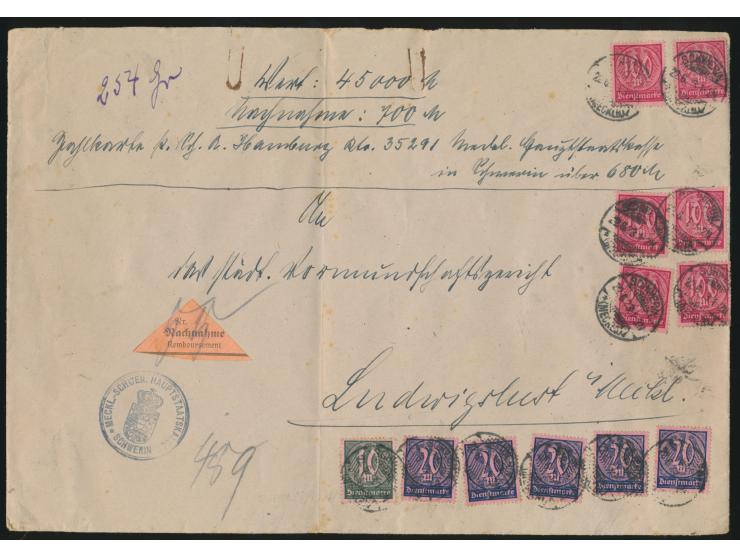 großformatiger Dienstbrief der Hauptstaatskasse als  Wertbrief 45.000 MK Nachnahme 700 Mk,  254 Gramm, portorichtig mit  10 M