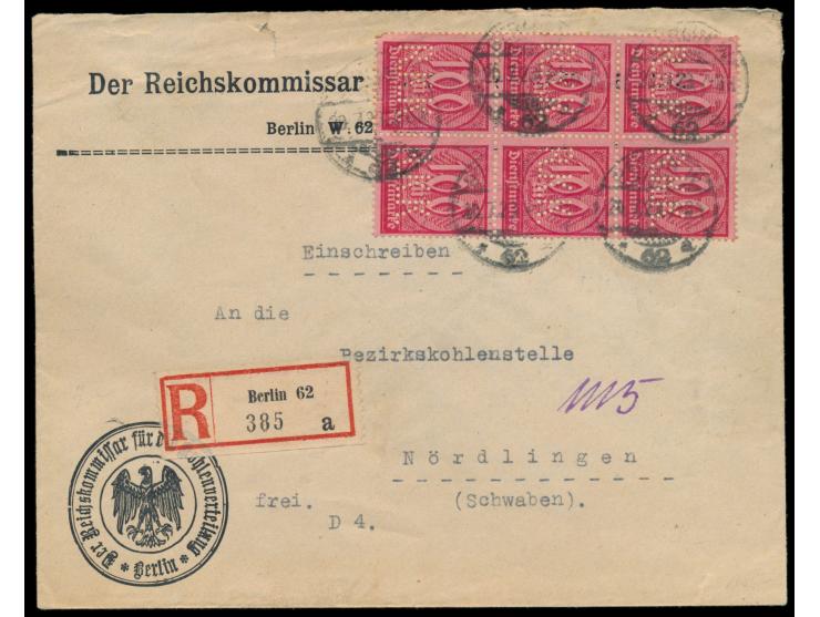 Sechserblock Dienstmarke 100 M., jede mit  Lochung "R.K.K.",  auf Einschreibbrief mit Stempel  Berlin W 62  20.7.23 nach Nörd