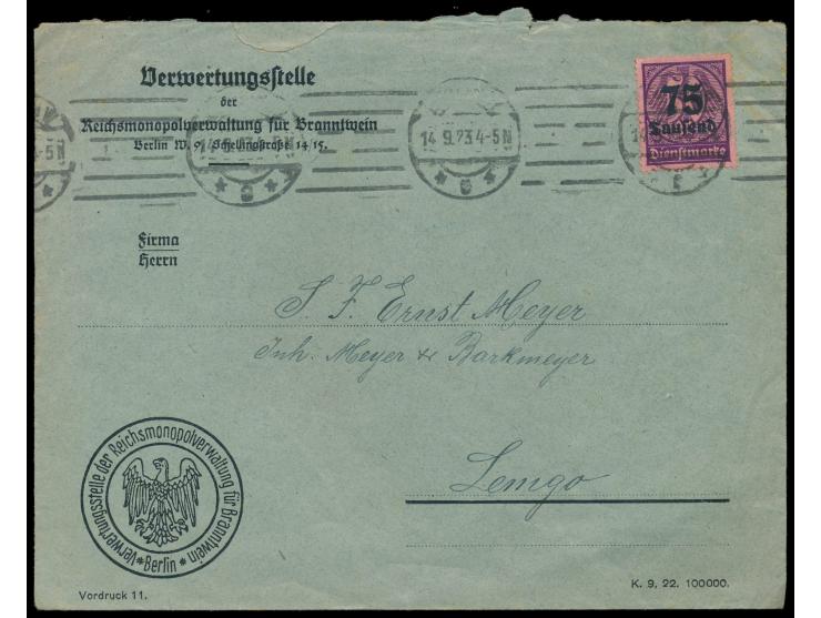 Einzelfrankatur Dienstmarke  75 Tsd M  auf Brief mit Maschinenstempel Berlin W 9   14.9.23 nach Lemgo, Absender "Verwertungss