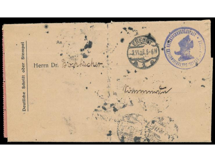 20 x Dienstmarke &nbsp;5 Millionen &nbsp;auf 100 M. rückseitig auf Faltbrief der Staatl. bakt. Untersuchungs-Anstalt Erfurt n