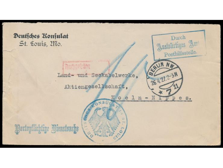 Vordruckbrief Deutsches Konsulat &nbsp;St. Louis Mo. &nbsp;nach Köln als Portopflichtige Dienstsache, Dienstsiegel, R3 Durch 
