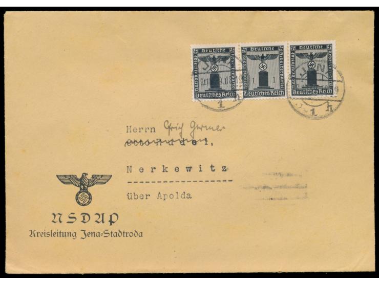 3 x  Parteidienstmarke 1 Pf.  auf Drucksache mit Stempel Jena 1 18.10.38 nach Merkewitz, Absender NSDAP Kreisleitung Jena-Sta