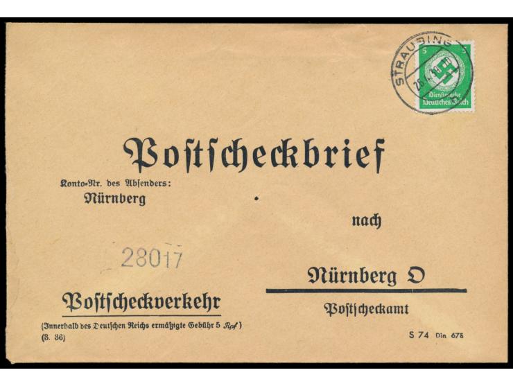 Einzelfrankatur &nbsp;Dienstmarke 5 Pf. &nbsp;auf &nbsp;Postscheckbrief &nbsp;an das PSchA Nürnberg, Stempel &nbsp;Straubing 