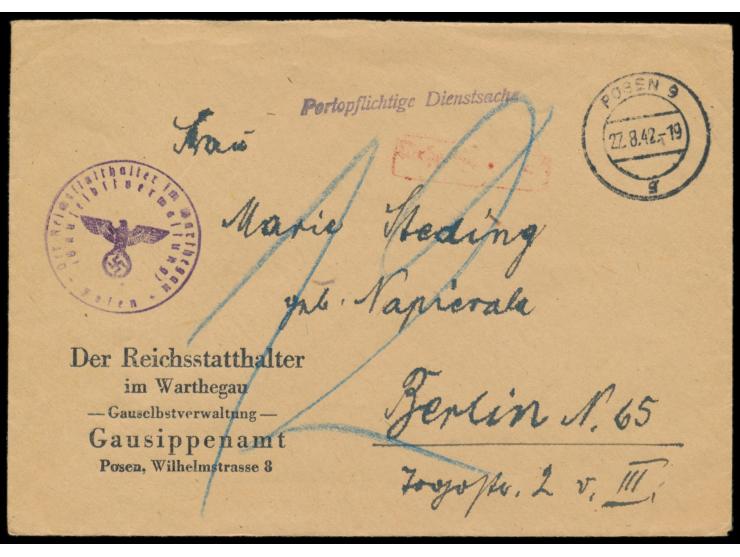 Dienstbrief  "Portopflichtige Dienstsache" nach Berlin, vorderseitig Absendereindruck und Dienstsiegel "Der Reichsstatthalter