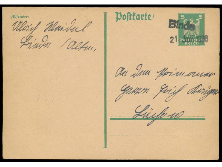 Ganzsache 5 Pf. mit schwarzem  Not-L1 Binde  und Datum-L1 21. Juli 1926 nach Lüchow, Bedarf
Postleitzahl: 294
