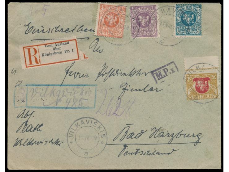 Wappen-Ausgabe 10 sk, 15 sk, 20 sk und 75 sk auf Einschreibbrief nach Deutschland, Stempel  Vilkaviskis  11.8.19,  handschrif