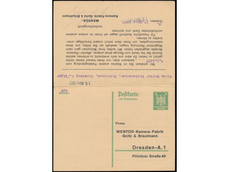falsch gefaltete  Ganzsachen-Doppelkarte  5 Pf. mit  Textzudruck "Mentor-Kamera-Fabrik Dresden"  auf beiden Teilen, Antwortte