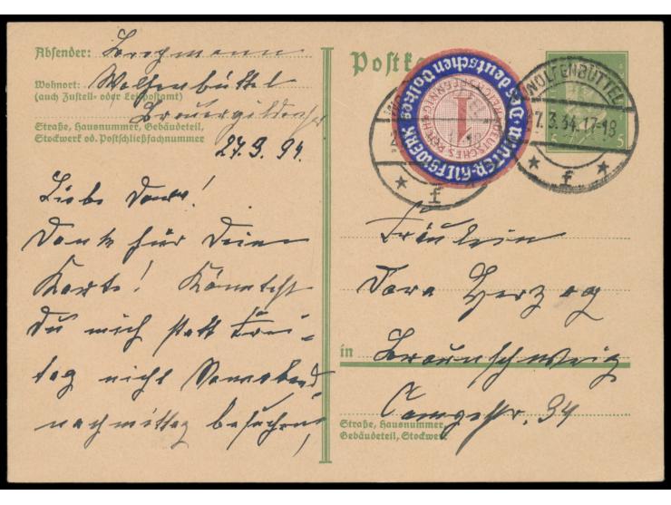 Ganzsache 5 Pf. mit  WHW-Spendenmarke 1 Pf.   als Briefmarken-Ersatz , Stempel  Wolfenbüttel  27.3.34, nach Braunschweig, nic