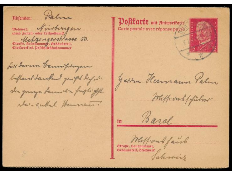 Ganzsachen-Doppelkarte 15 Pf.  gezähnt  mit Stempel  Nürtingen  9.2.34 in die Schweiz, langer Bedarfstext, Antwortteil hängt 