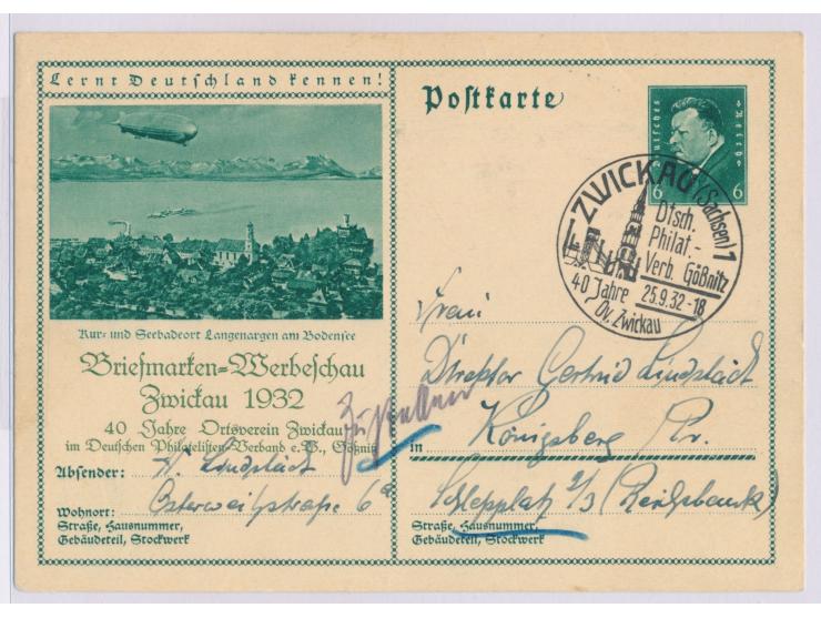 Bildganzsache 6 Pf. Ebert (Bild Langenargen mit Zeppelin) mit Zudruck "Briefmarken-Werbeschau Zwickau 1932 ...", entsprechend