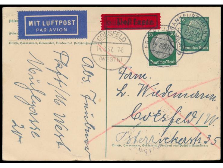 Ganzsache 6 Pf. Hindenburg mit Zusatzfrankatur 50 Pf. Hindenburg als portorichtige  Luftpost-Eilboten-Postkarte,  Stempel Fra