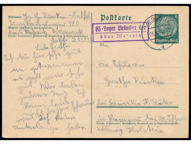 Ganzsache 6 Pf. mit PSt II-Stempel  HJ-Lager Liebucher See über Meseritz  und Stempel Meseritz 26.7.38, Absender "... Jungban