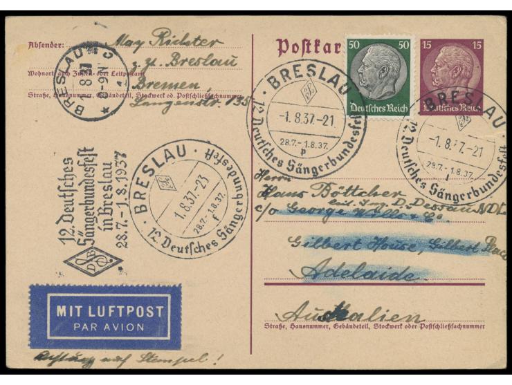 15 Pfg. Hindenburg mit Zusatzfrankatur 30 Pfg. &nbsp;für Luftpost, &nbsp;Sonderstempel Breslau Sängerbundesfest 1.8.37 sowie 