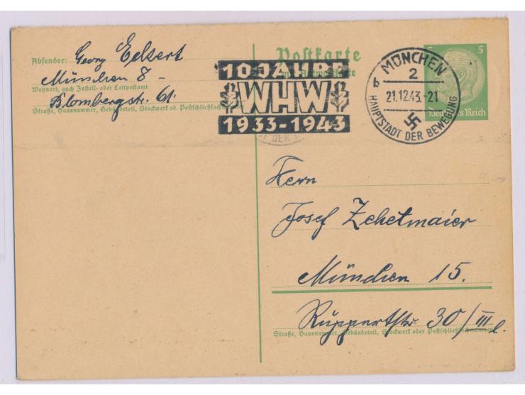 Ganzsachen-Doppelkarte 5 Pf. Hindenburg als Ortskarte zusammenhängend in beiden Richtungen befördert, Frageteil mit Maschinen