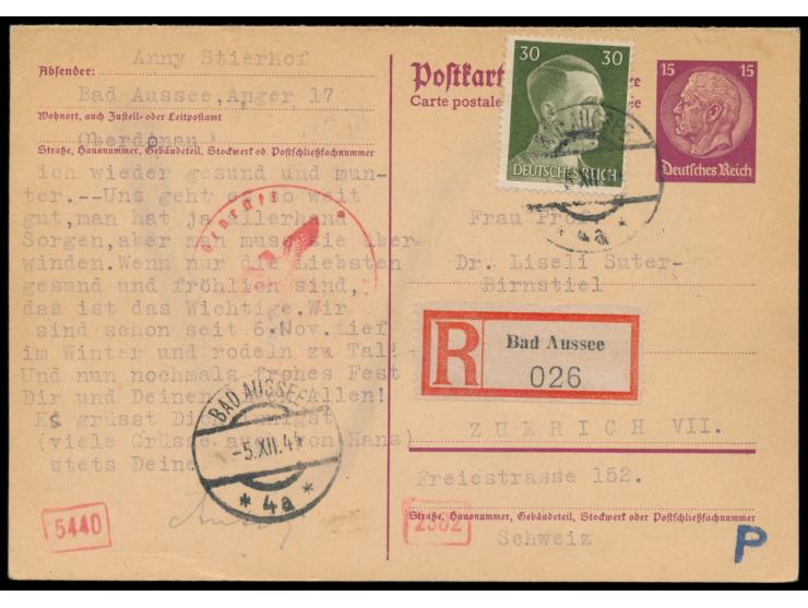 Ganzsachen-Doppelkarte 15 Pf. Hindenburg mit Zusatzfrankatur 30 Pf. Hitler als  Einschreiben  in die Schweiz, Stempel  Bad Au