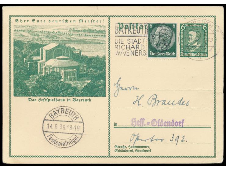 Sonderganzsache "Richard Wagner"  6 Pf., ungültig mit Zusatzfrankatur 6 Pf. Hindenburg, Maschinenstempel Bayreuth 14.8.39, li