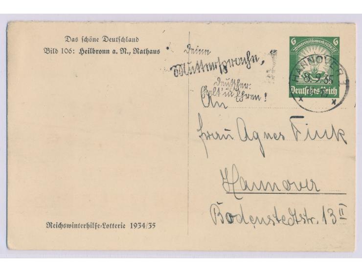 WHW-Lotterie-Ganzsache  6 Pf. mit Bild 106: Heilbronn a. N., Rathaus, Maschinenstempel Hannover, 8.9.35, anhängend Karte mit 