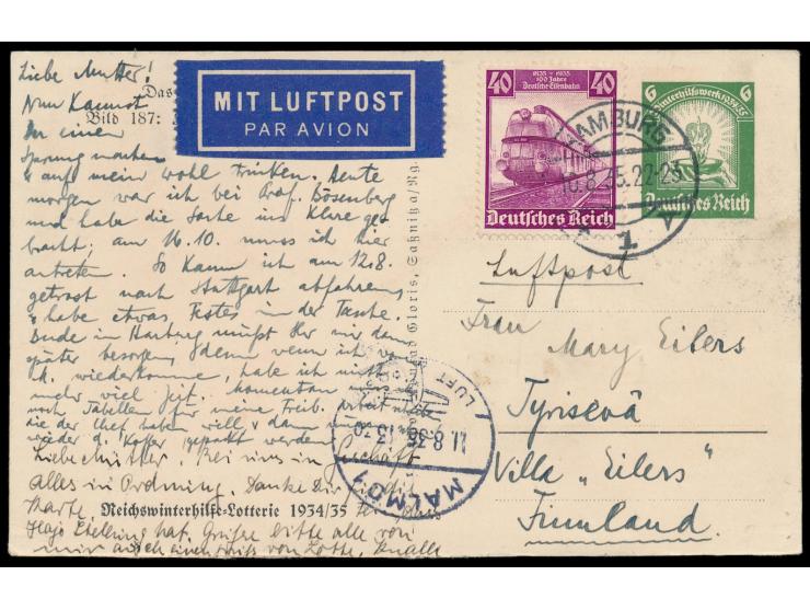 WHW-Lotterie-Ganzsache  6 Pf. (Bild 187) mit Zusatzfrankatur 40 Pf. Eisenbahn als Luftpostkarte nach Finnland,  als Brief fra