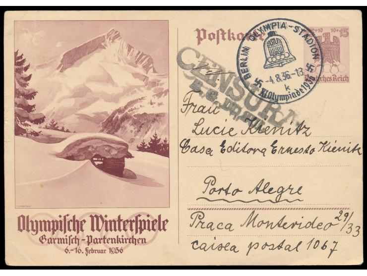 Winter-Olympiade 15 Pf.  mit Sonderstempel  Berlin Olympia-Stadion  4.8.36  nach Brasilien,  schwarzer Zensur-L2  Censura / R