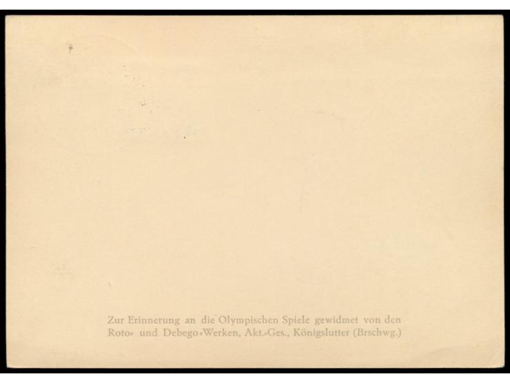 Olympia-Ganzsache 6 Pf. mit rückseitigem  Zudruck  der Roto- und Debego-Werke Königslutter  "Zur Erinnerung an die Olympische