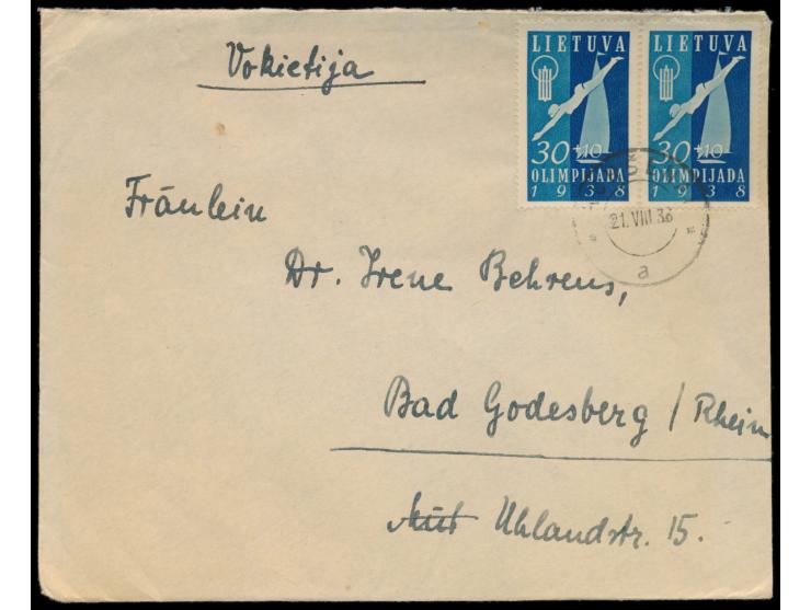 2 x  Nationale Sportspiele  30 C. auf Auslandsbrief nach Deutschland, Stempel  Kursenai  21.8.38, Bedarf
Stichwort: Sport / O