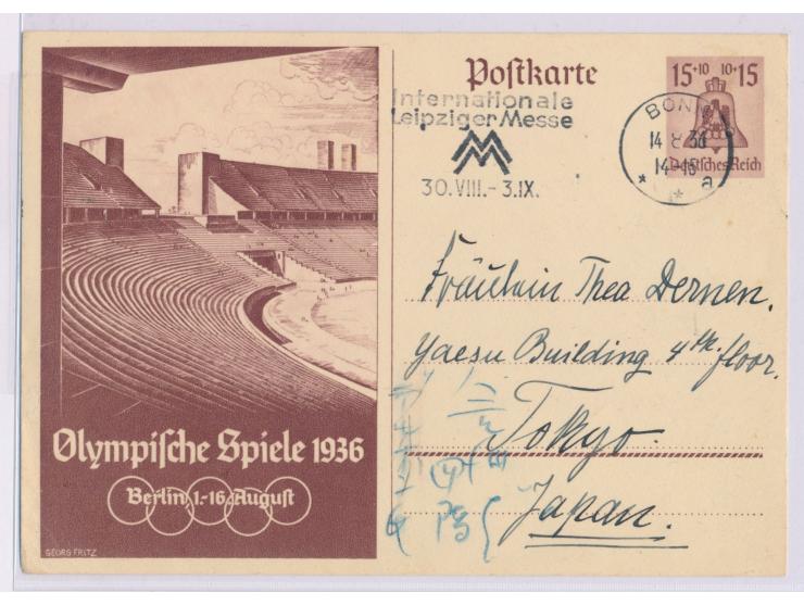 Ganzsache  15 Pf. Olympiade  mit Maschinenstempel Bonn 14.8.36  nach Japan,  langer Bedarfstext, seltene Destination
Stichwor