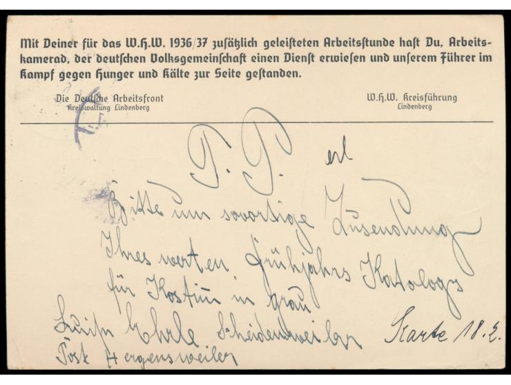 Sonderganzsache für das WHW 6 + 4 Pf., rückseitig vierzeiliger  Zudruck der W.H.W. Kreisführung Lindenberg,  Stempel Hergensw